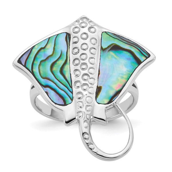 Abalone Stingray Ring Sterling Silver, Rhodium Plated
