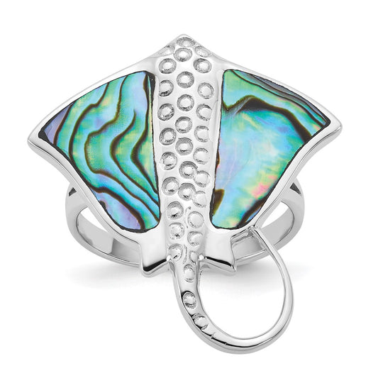 Exclusive Polished Abalone Stingray Ring in Rhodium-Plated Sterling Silver - Size 6, Stylish Value!