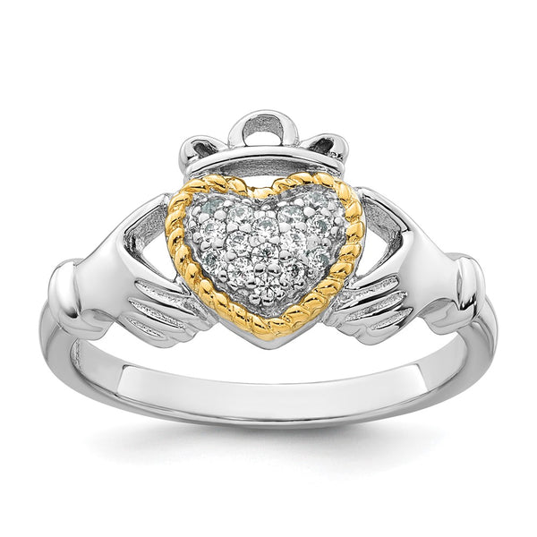Polished CZ Claddagh Ring in 14K Gold Accent - Size 8