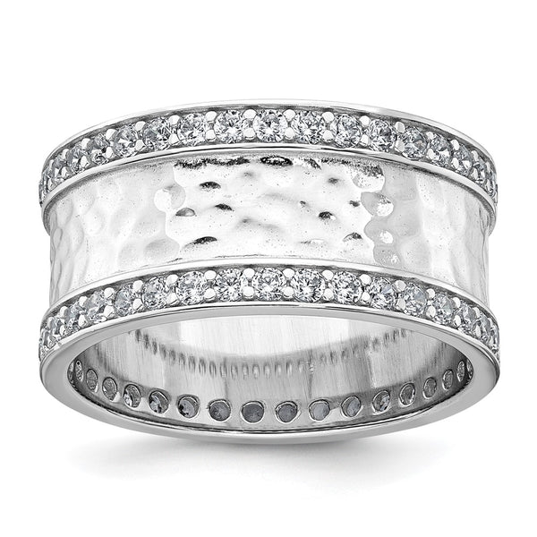 9.5mm CZ Polished & Hammered Sterling Silver Ring