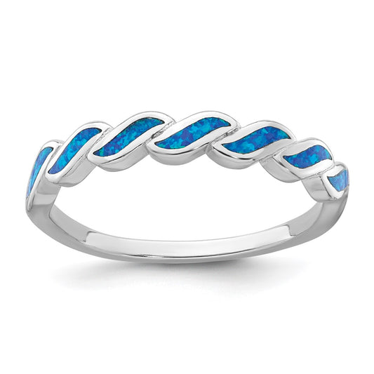 Buy Stylish Blue Lab-Created Opal Wave Ring - Rhodium-Plated Silver, Size 7