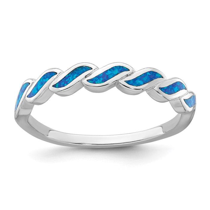 Buy Stylish Polished Blue Lab-Created Opal Wave Ring, Size 8 in Rhodium-Plated Silver-1