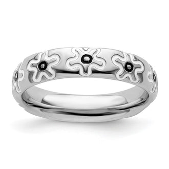 High-Quality Polished Enameled Flower Ring - Stylish Sterling Silver Stackable