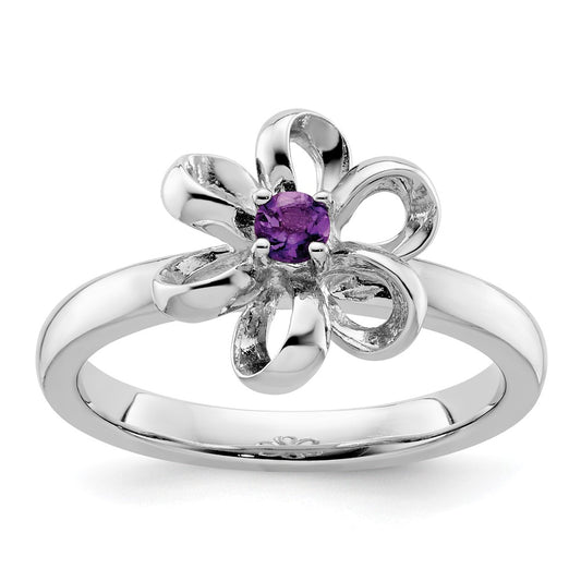High-Quality Polished Amethyst Flower Ring in Sterling Silver - Stylish Stackable Design