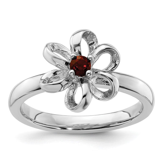 Exclusive Polished Garnet Flower Ring in Sterling Silver - Stylish Stackable Design