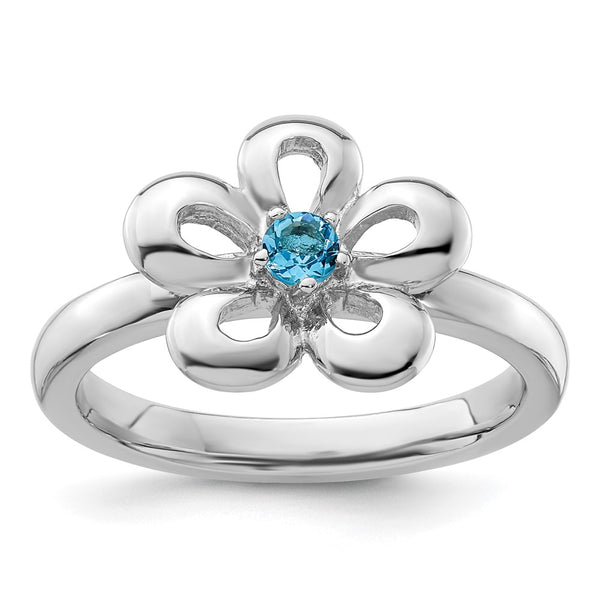 Polished Blue Topaz Flower Ring in Sterling Silver - 14K