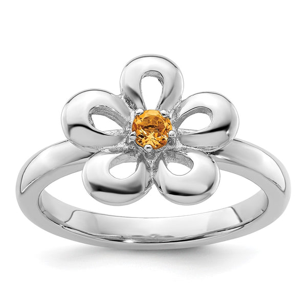 Polished Citrine Flower Ring in Sterling Silver - Stackable