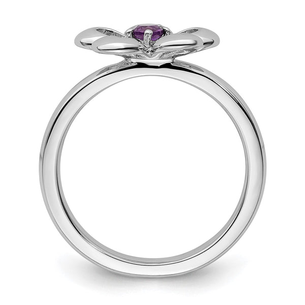 Polished Amethyst Flower Ring in Sterling Silver - Stackable