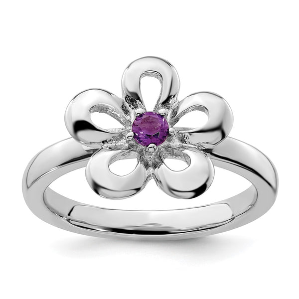 Polished Amethyst Flower Ring in Sterling Silver - Stackable