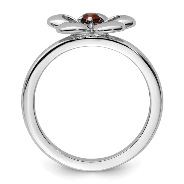 Polished Garnet Flower Ring - Sterling Silver, Stackable