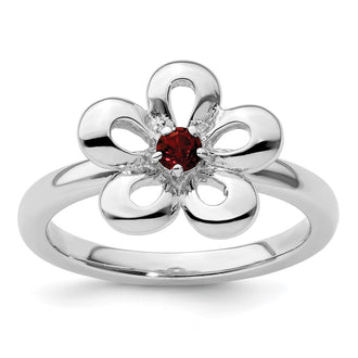 Exclusive Polished Garnet Flower Ring in Sterling Silver - Stylish Stackable Design