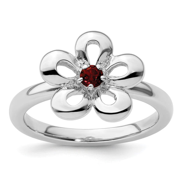 Polished Garnet Flower Ring - Sterling Silver, Stackable