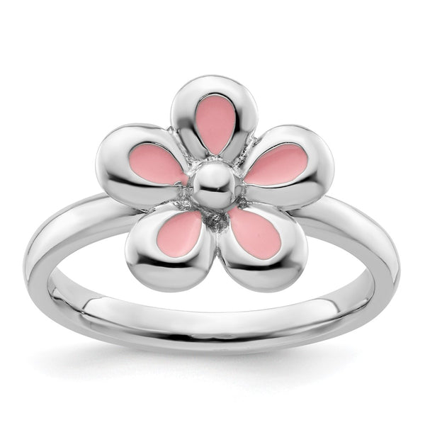 Polished Pink Enameled Flower Ring - Sterling Silver, Stackable