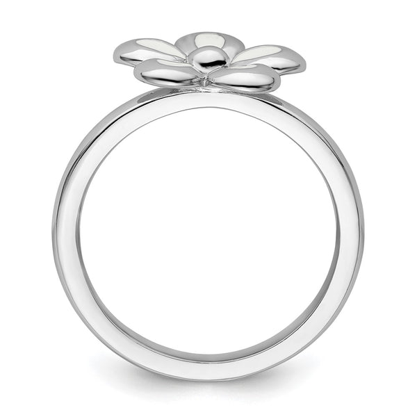 Polished White Enamel Flower Ring - Sterling Silver