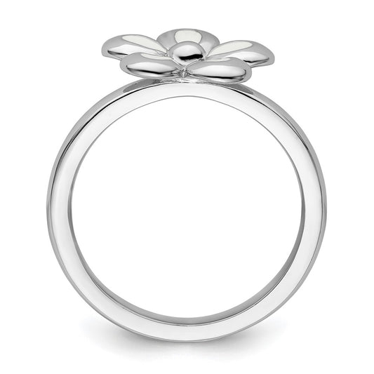 High-Quality Polished White Enamel Flower Ring -  Sterling Silver Style Value