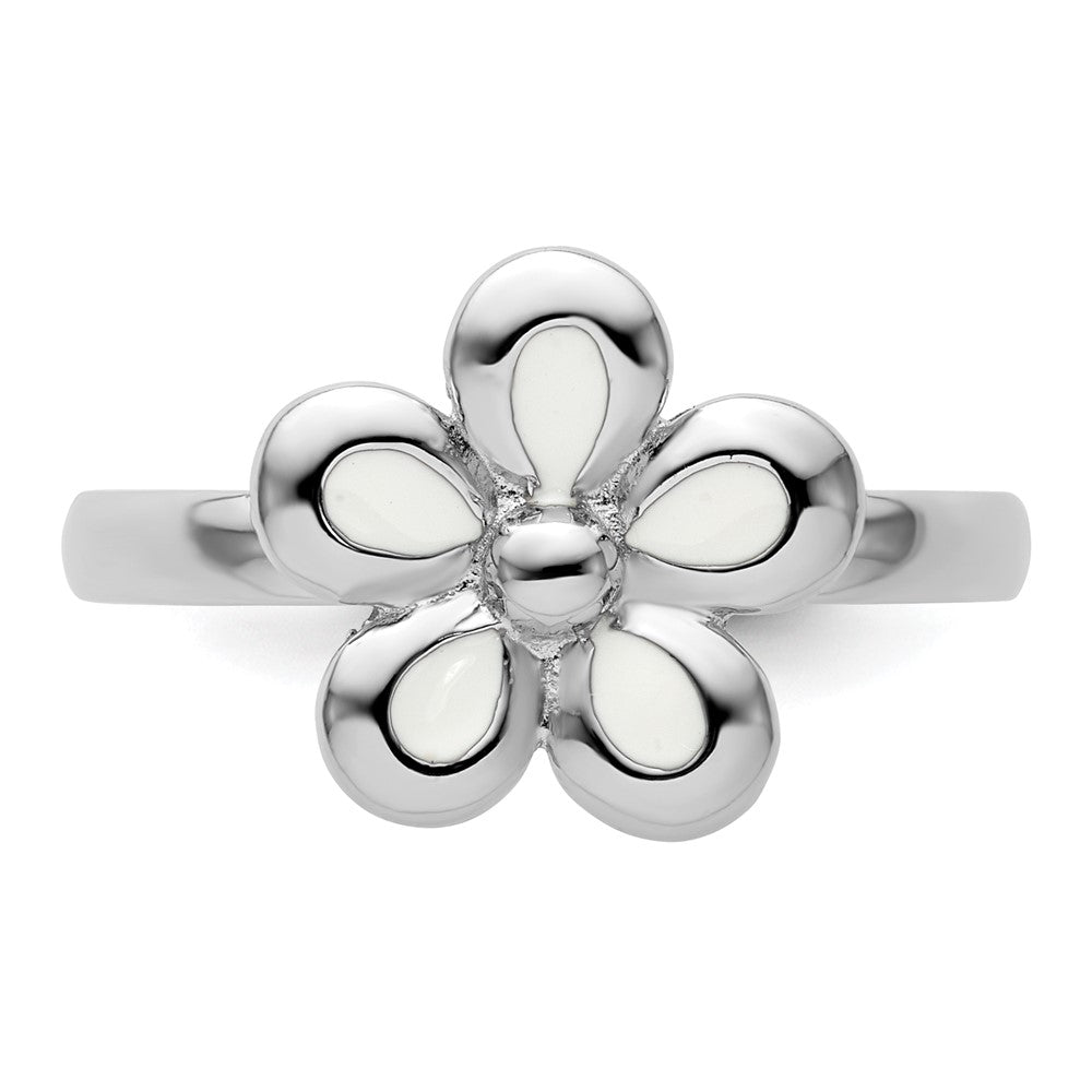 High-Quality Polished White Enamel Flower Ring -  Sterling Silver Style Value