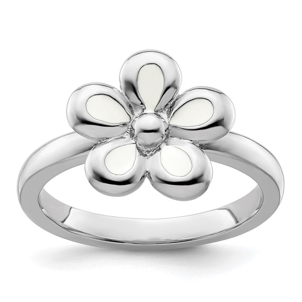 Polished White Enamel Flower Ring - Sterling Silver