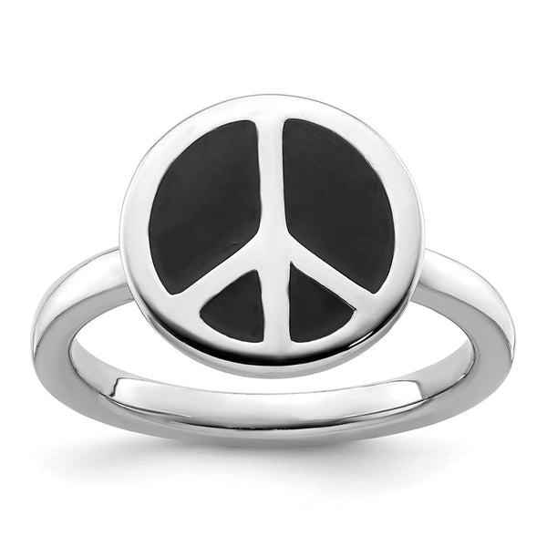 Sterling Silver Stackable Peace Sign Ring - Black Enamel