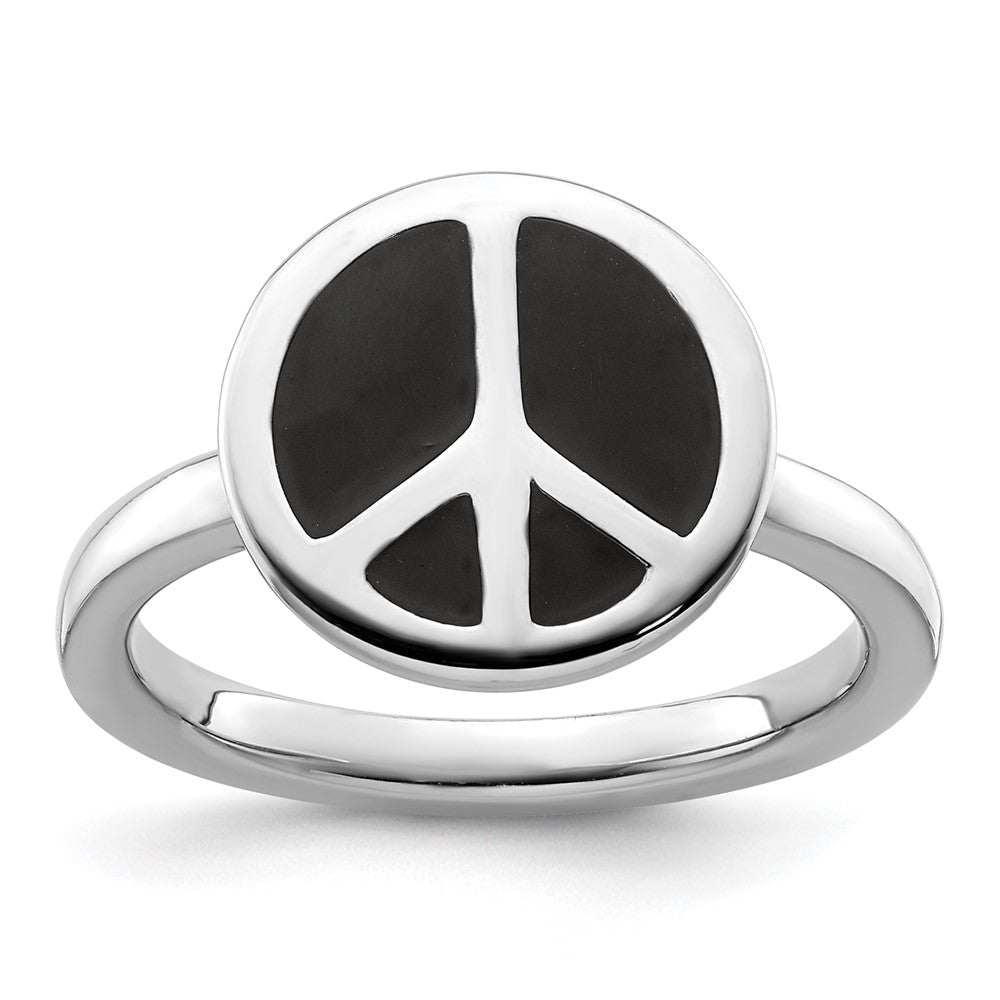 High-Quality Sterling Silver Stackable Peace Sign Ring | Stylish Black Enamel Finish