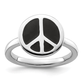 High-Quality Sterling Silver Stackable Peace Sign Ring | Stylish Black Enamel Finish