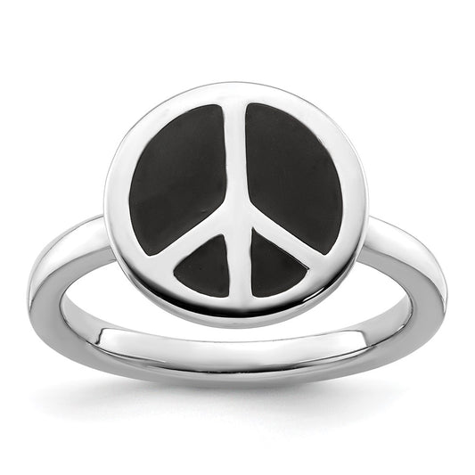 High-Quality Sterling Silver Stackable Peace Sign Ring | Stylish Black Enamel Finish