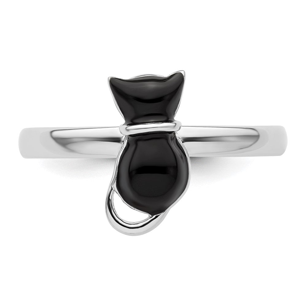 Shop Stylish Polished Black Enamel Cat Ring in Sterling Silver - Stackable Design
