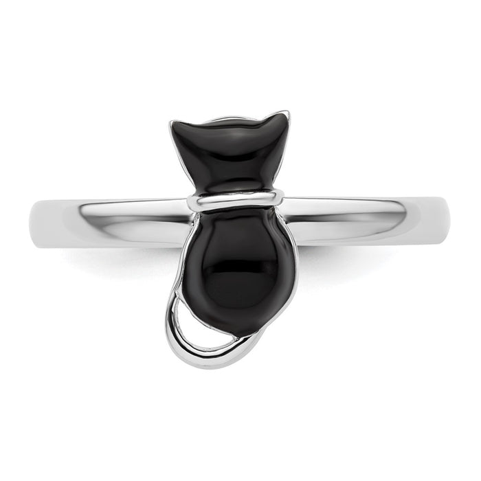 Shop Stylish Polished Black Enamel Cat Ring in Sterling Silver - Stackable Design-4