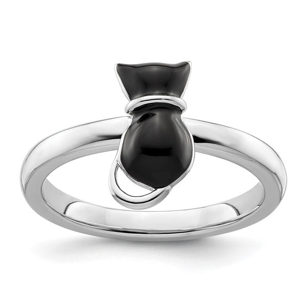 Polished Black Enamel Cat Ring in Sterling Silver - Stackable