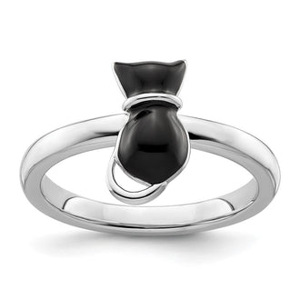 Exclusive Polished Black Enamel Cat Ring in Sterling Silver - Stylish Stackable Design