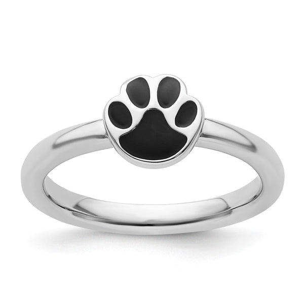 Sterling Silver Stackable Pawprint Ring - Black Enamel Detail
