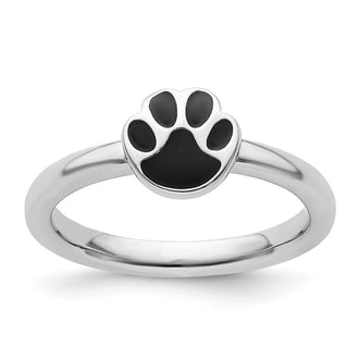 Shop Stylish Sterling Silver Stackable Pawprint Ring | Black Enamel Detail