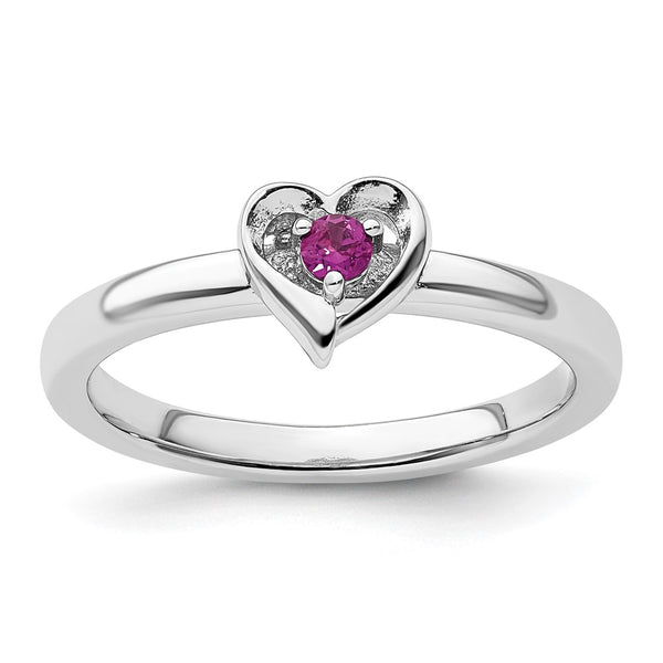 Sterling Silver Stackable Heart Ring with Rhodolite Garnet Accent