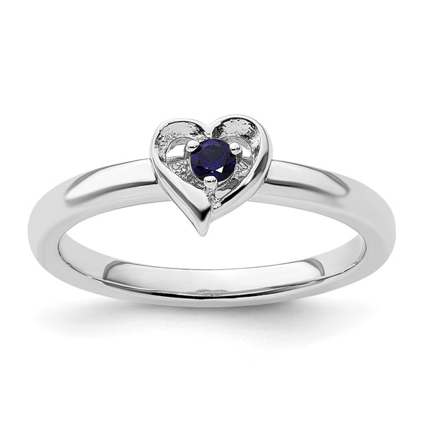 Sterling Silver Stackable Heart Ring with Created Sapphire Accents