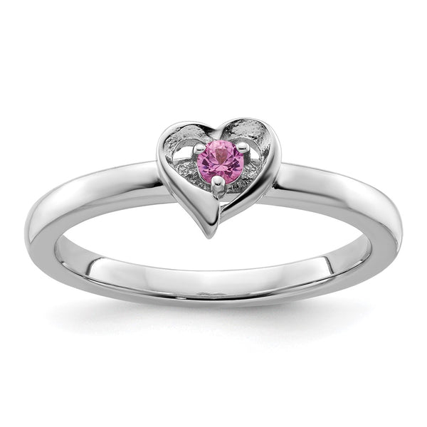 Sterling Silver Stackable Heart Ring with Created Pink Sapphire
