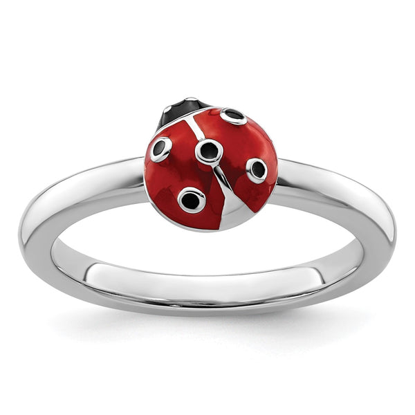 Sterling Silver Stackable Ladybug Ring - Enamel Accents
