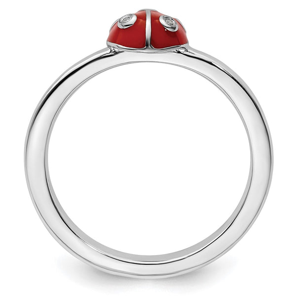 Sterling Silver Ladybug Ring - Stackable, Enamel Diamond Accent
