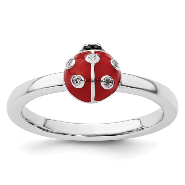 Sterling Silver Ladybug Ring - Stackable, Enamel Diamond Accent