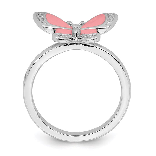 Sterling Silver Stackable Butterfly Ring - Pink Enamel