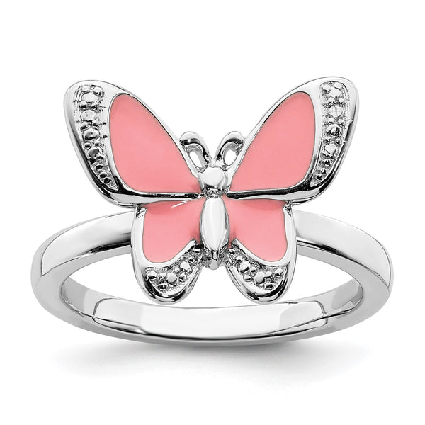 Sterling Silver Stackable Butterfly Ring - Pink Enamel