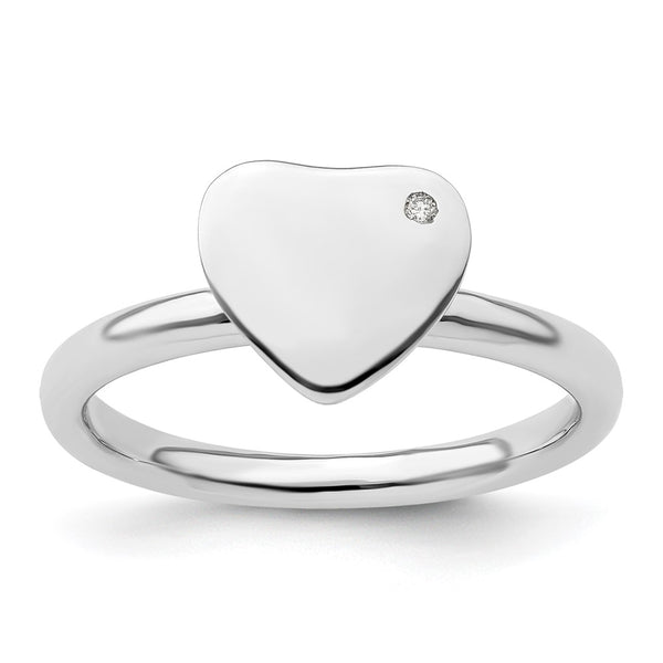 Rhodium-Plated Heart Diamond Ring - 14K Silver, Stackable
