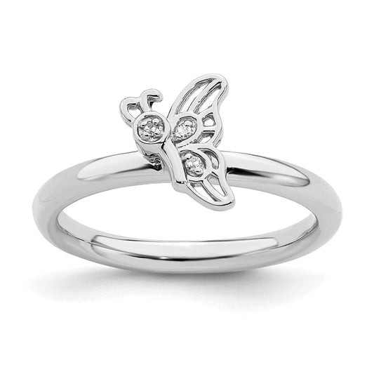 Buy Stylish Rhodium-Plated Sterling Silver Butterfly Ring - Diamond Accents