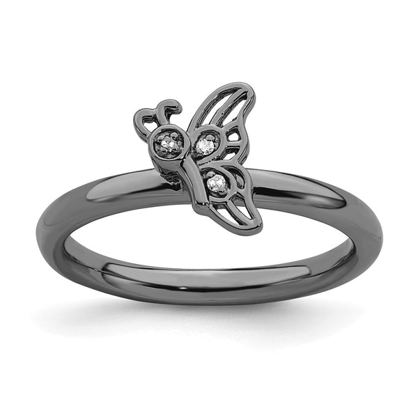 Sterling Silver Black-Plated Butterfly Ring with Diamond Accent