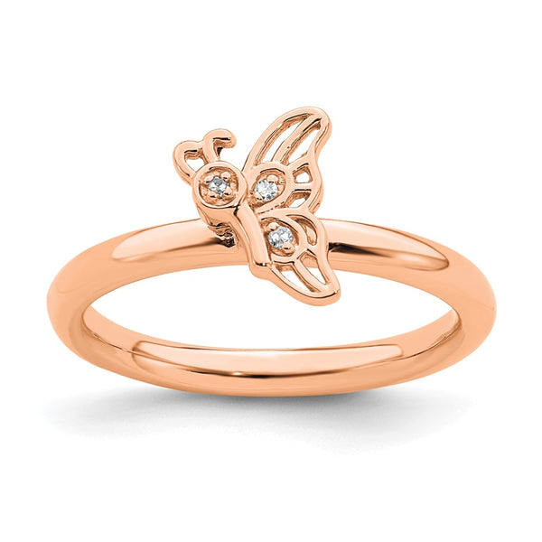 Rose Gold-Plated Butterfly Ring with Diamond - Stackable
