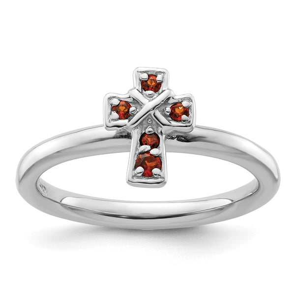 Rhodium-Plated Sterling Silver Stackable Garnet Cross Ring