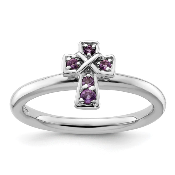 Rhodium-Plated Sterling Silver Amethyst Cross Stackable Ring - 14K Gold