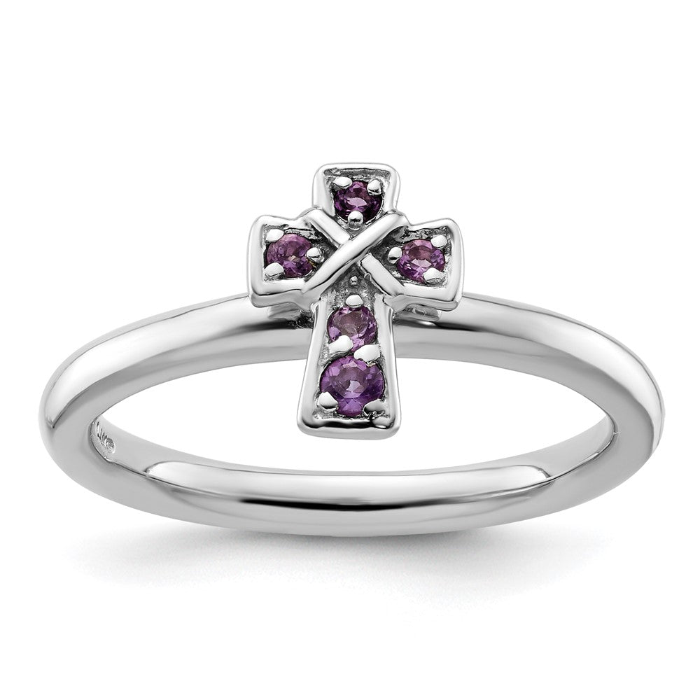 High-Quality Rhodium-Plated Sterling Silver Amethyst Cross Ring - Stylish Value