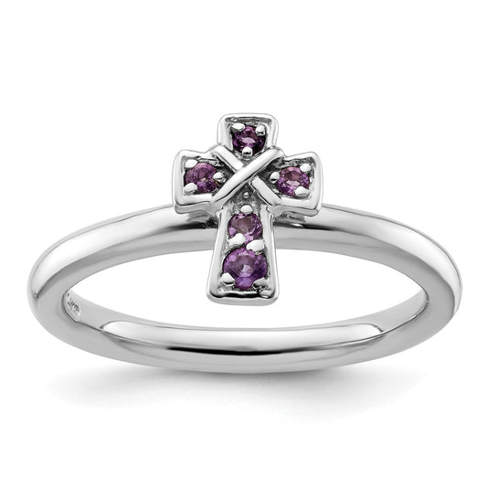 High-Quality Rhodium-Plated Sterling Silver Amethyst Cross Ring - Stylish & Affordable