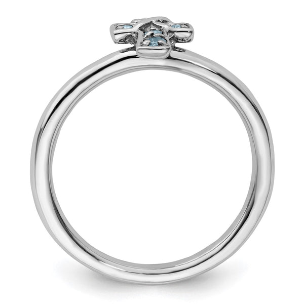 Rhodium-Plated Sterling Silver Aquamarine Cross Ring - 14K