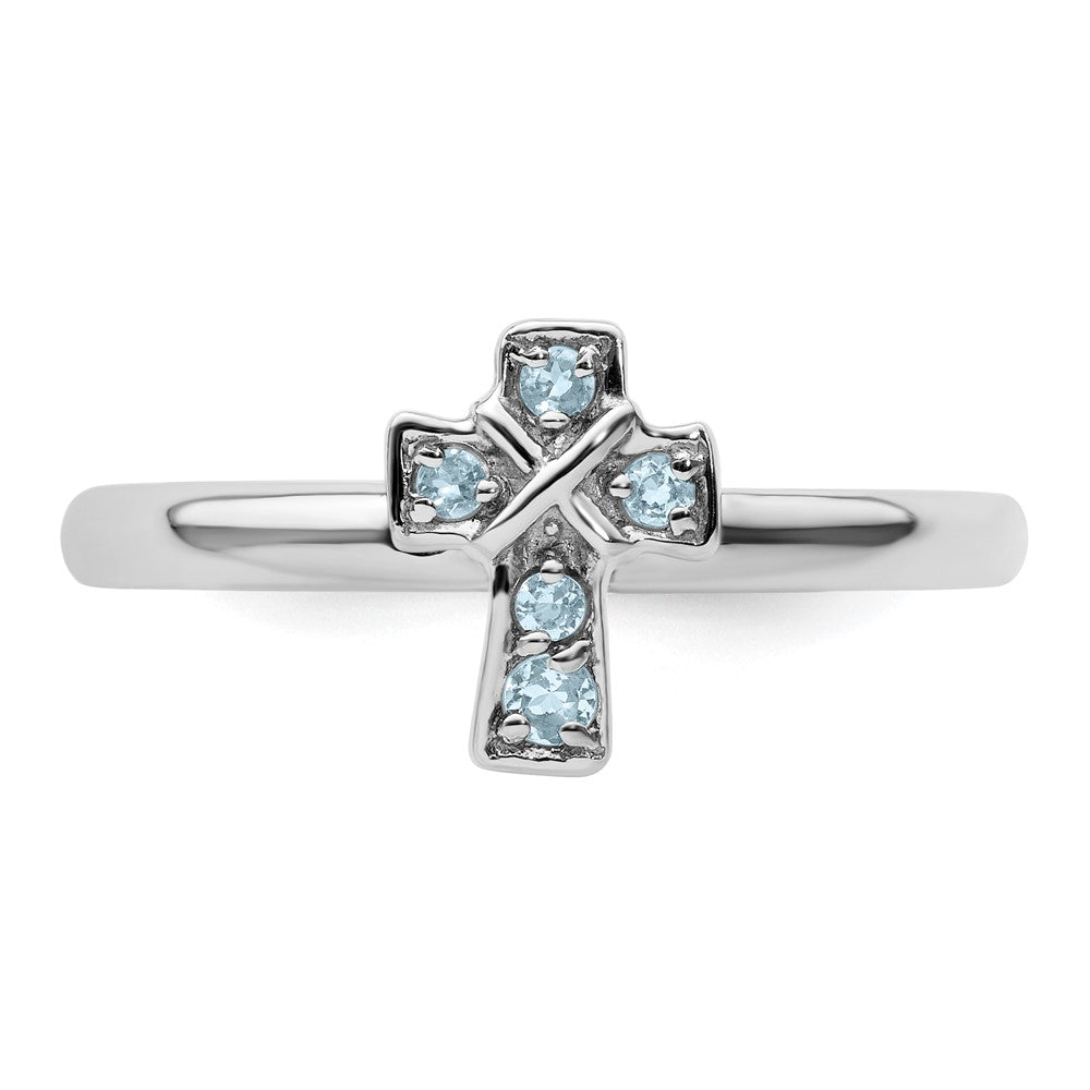 Exclusive Rhodium-Plated Sterling Silver Aquamarine Cross Ring - Stylish Stackable Design