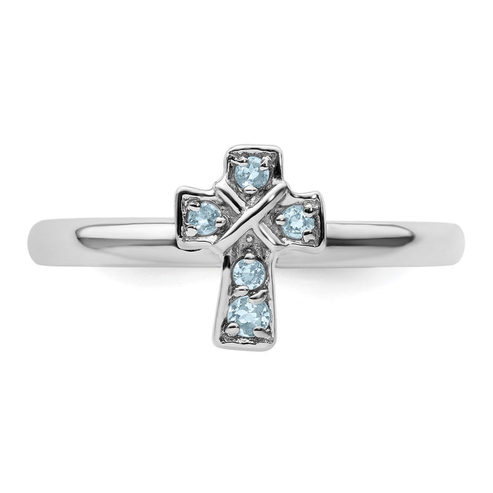 Exclusive Rhodium-Plated Sterling Silver Aquamarine Cross Ring - Stylish Stackable Design-4
